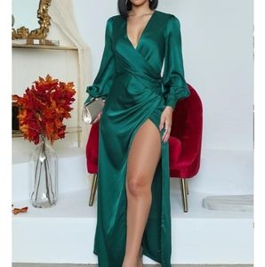 Lantern Sleeve High Slit Wrap Maxi Dress
